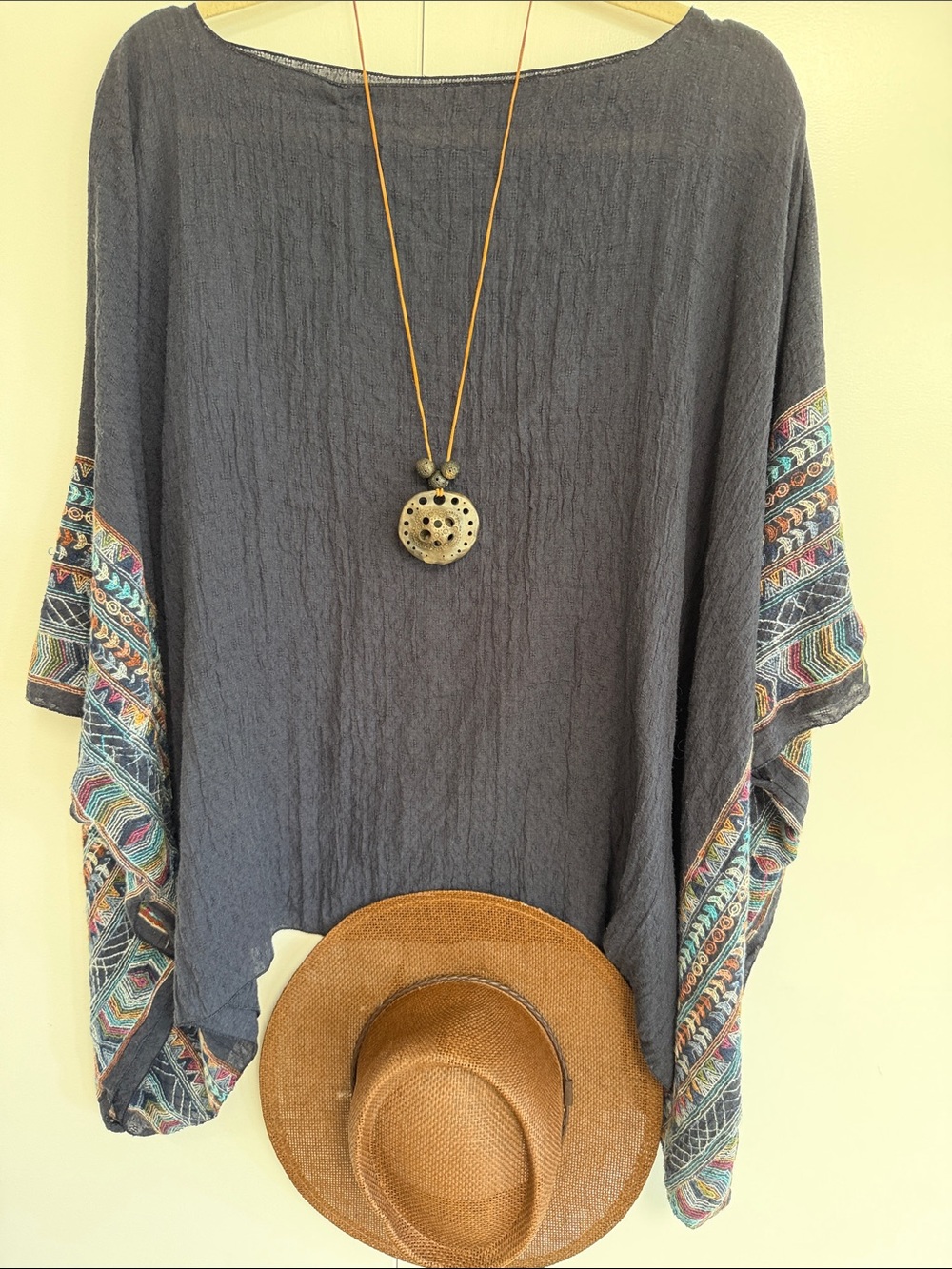 Embroidered Navy Boho Top/Poncho/Cover-up